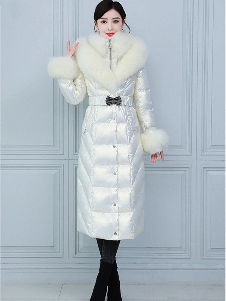 New Women Winter Real Fur Down Coat Elegant Fashion Double Fox Fur Collar Thicken Warm Long Wash Free Glossy Surface Down Jacket