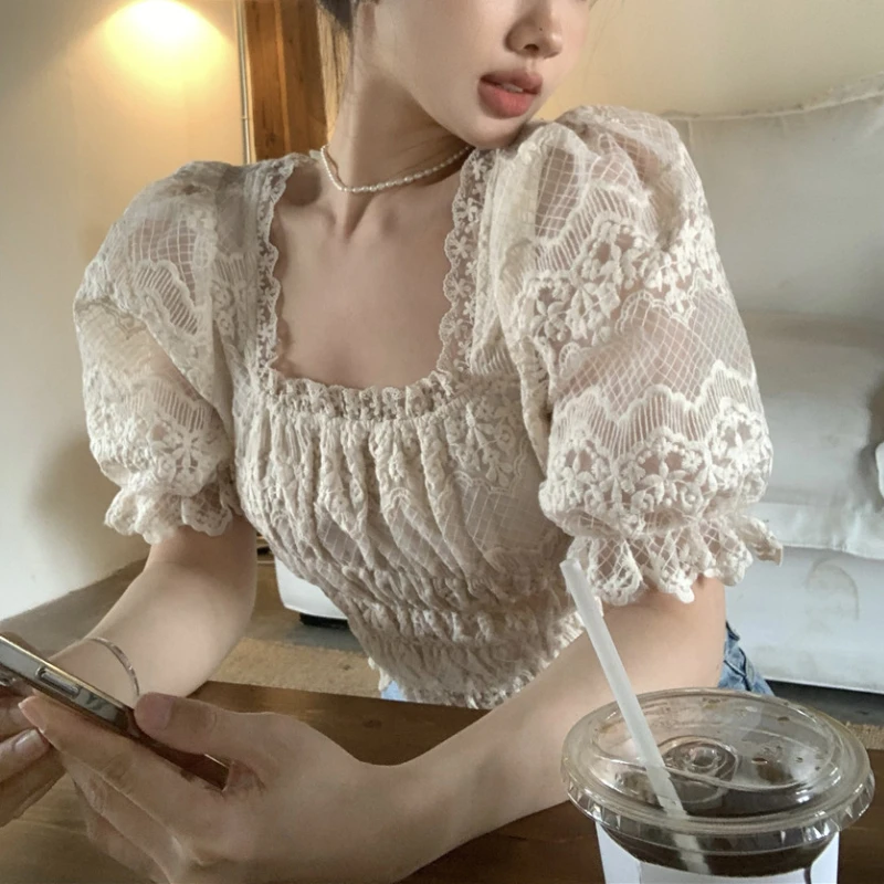 

Женский винтажный укороченный топ, кружевная рубашка бежевого цвета в корейском ретро-стиле, Летний сезон 2023