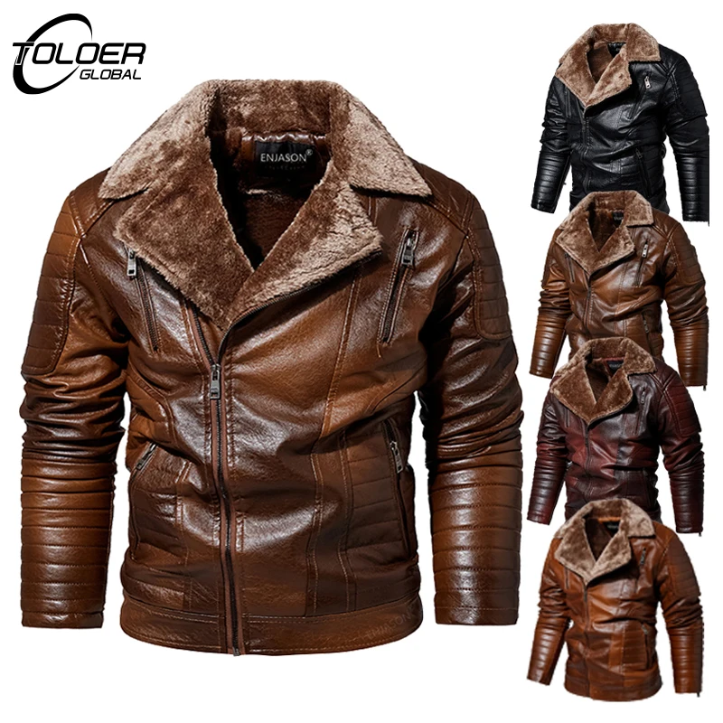 

Men's Brand Fleece Biker Jacket Casual Motor Lapel Leather Jackets Vintage PU Fur Warm Thicken Coats Male Winter Bomber Outwear