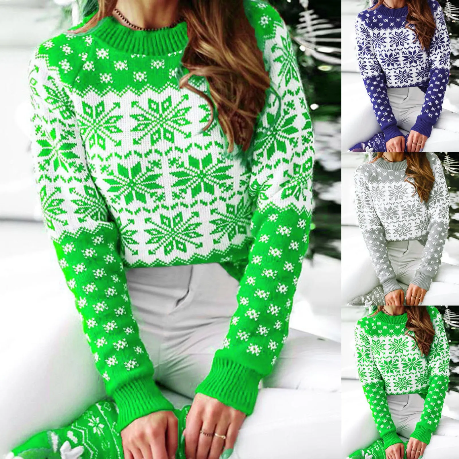 

Womens O Neck Snowflake Christmas Xmas Pullover Sweater Knit Tops Blouse Top for Juniors