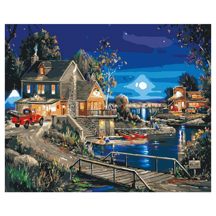 

AMTMBS Night Village Scenery DIY Painting By Numbers Adults HandPainted On Canvas Pictures By Numbers Wall Art Decor
