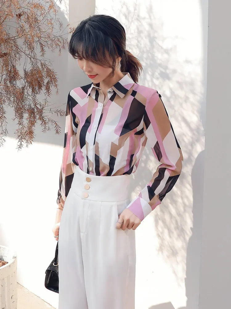 Office Lady Pink Blue Floral Shirts And Wide Leg Pant 2PCS Suits Set Women Smart Casual Top And Black White Trouser 2 Pieces Set