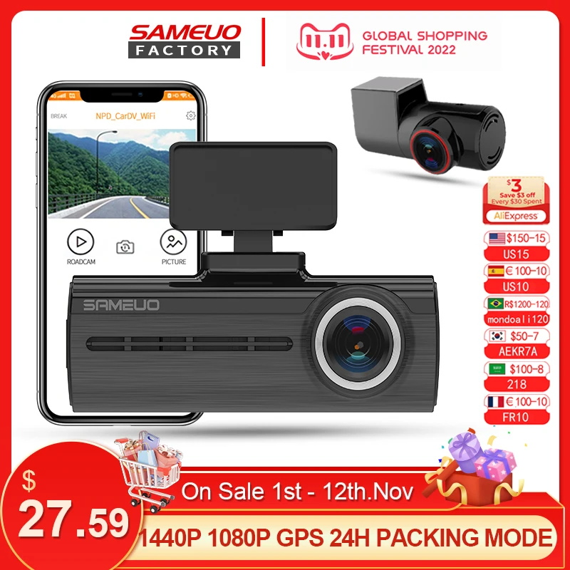 Sameuo Car Dvr Dash Cam Front And Rear Video Recorder Night Vision Auto Wifi App Rear view 24H Parking GPS Dashcam Car Camera