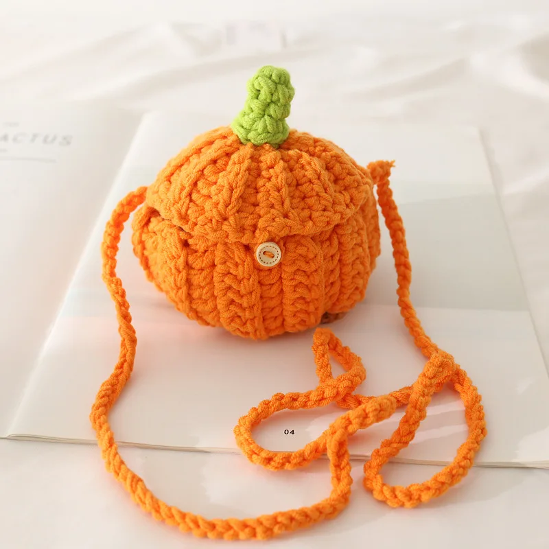

Girl Boy Handmade Crochet Knitted Cute Pumpkin Shape Mini Messenger Bag All Saints Day Kawaii Small Size Candy Pouch Sling Bag