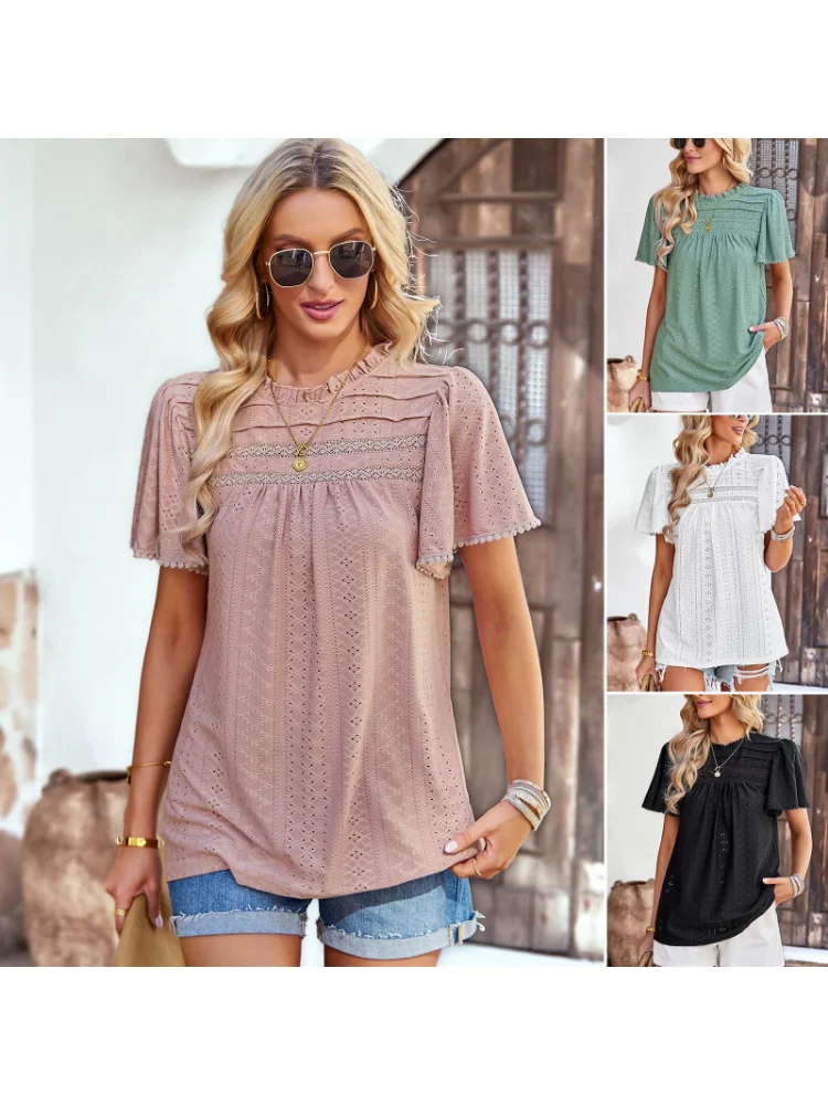 

2023 Summer Casual Solid Cut Out Short Sleeve Round Neck Top Black and Midi Women Skirt Denim Goth