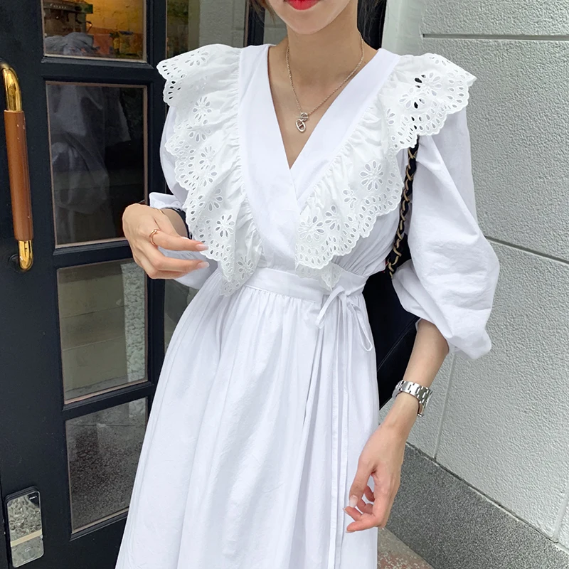 

SuperAen 2022 Original Fashion Solid Hollow Out Lace V Neck Waist Slim Mid-Calf A-LINE Casual Dresses Women