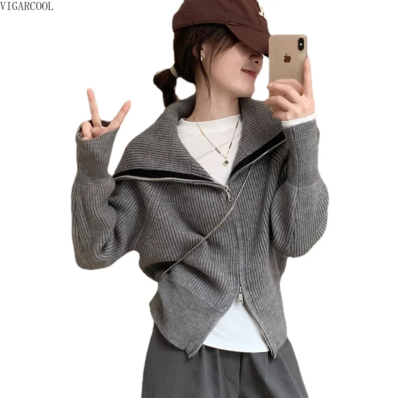 

Дизайнерский свитер с большими лацканами на молнии, кардиган на раннюю осень, новинка 2023, Женская Корейская версия, тонкий и тонкий вязаный Модный женский топ