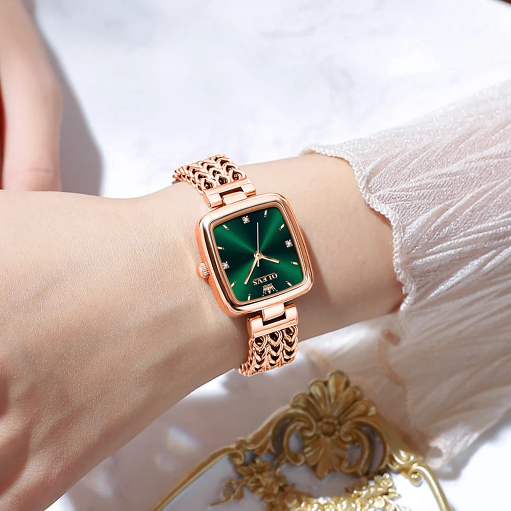 OLEVS Original Watch for Women with Bracelet Waterproof Square Rose Gold Colur Stainless Steel Elegant Quartz Ladies Watches