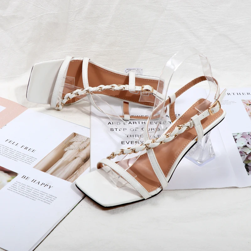 fashion woven metal chain square heels sandals high heel transparent thick heel women's sandals spring summer 2022