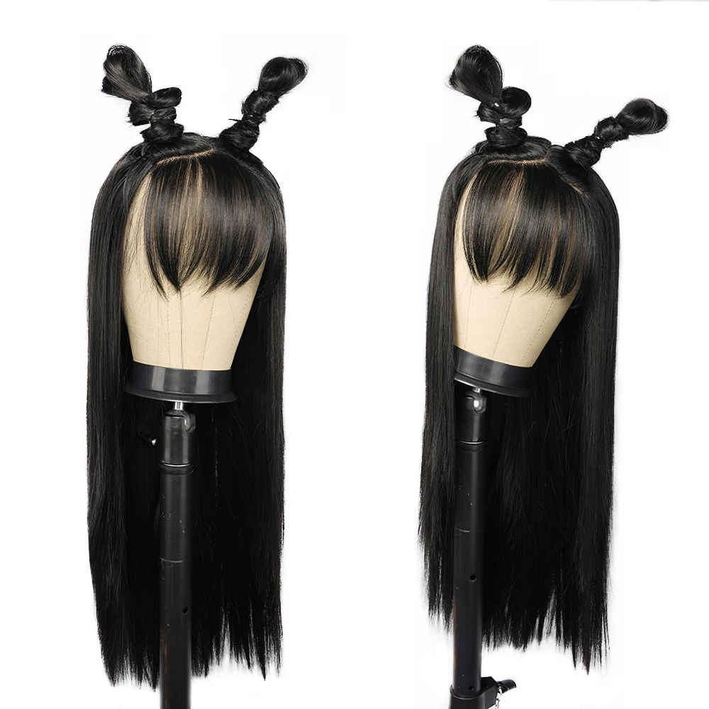 

Straight Lace Wigs With Bangs Black Synthetic Friange Wigs For Black Women Heat Resistant Fibre Lolita Daily Party Cosplay Wig