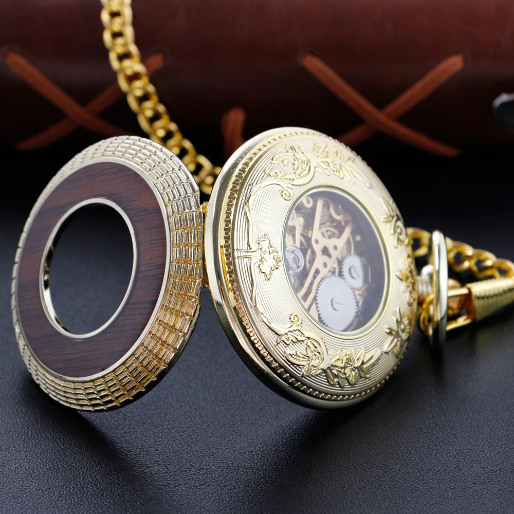 Golden Luxury Wood Transparent Movement Mechanical Pocket Watch Vintage Gentleman Analog Signal Clock Women's Jewelry Gift