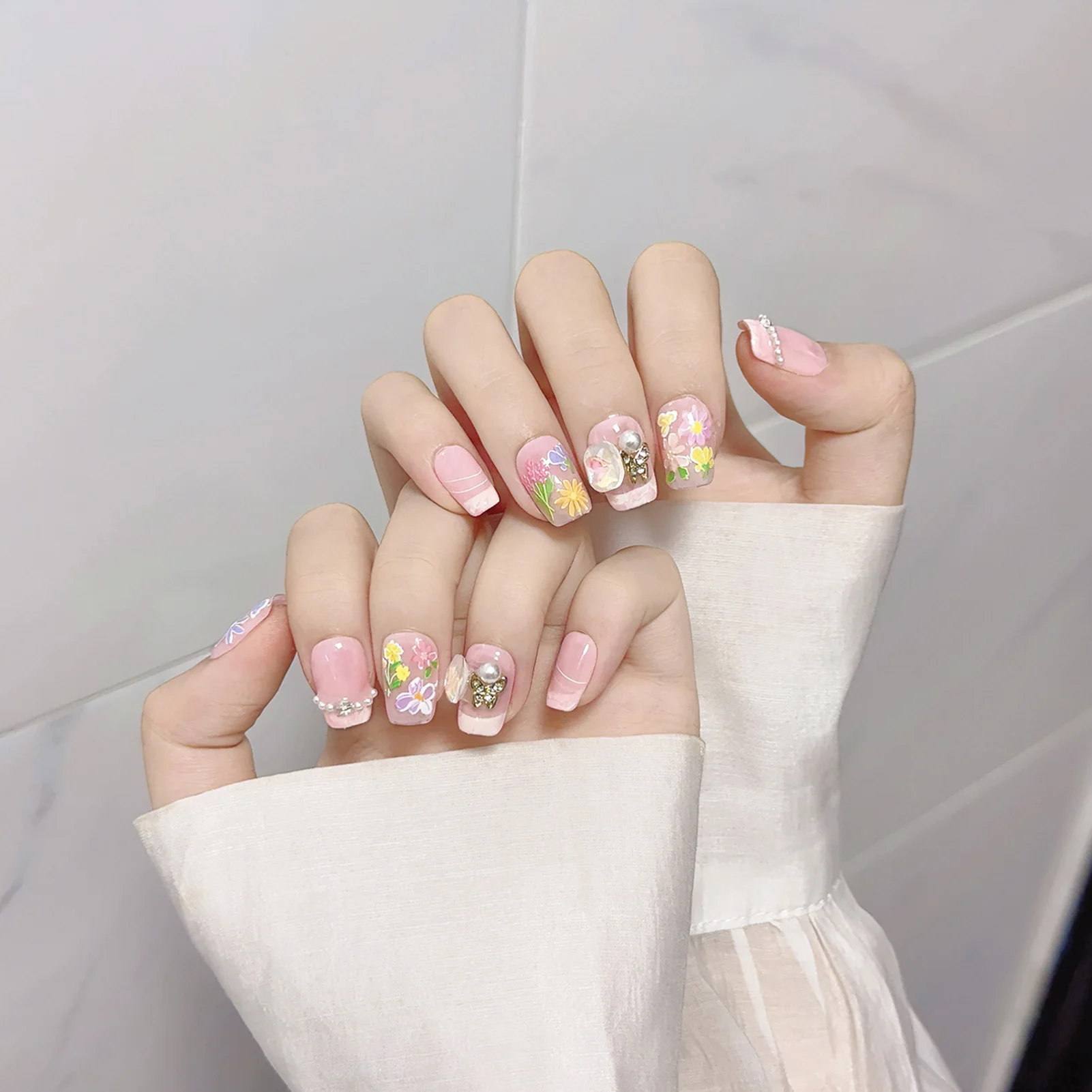 Ручная роспись цветочные накладные ногти металлическая бабочка жемчужный пресс