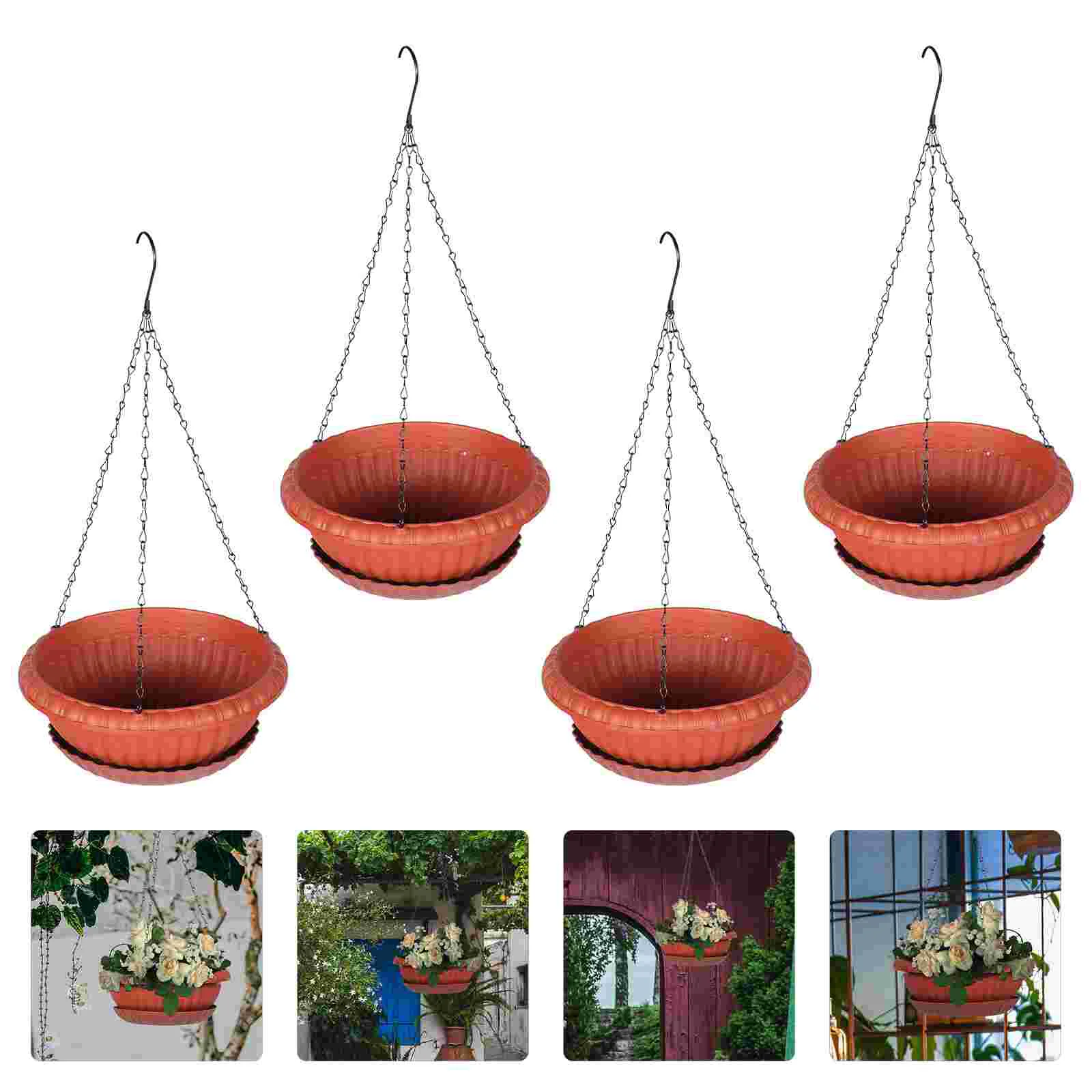 

4 Sets of Hanging Flower Holders Flower Pots Plastic Hanging Flowerpots with Trays
