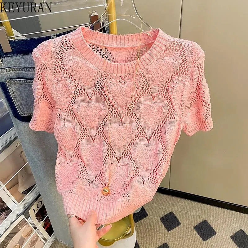 

Женский вязаный свитер с круглым вырезом, Розовый пуловер с коротким рукавом и вырезами, тонкий джемпер для лета