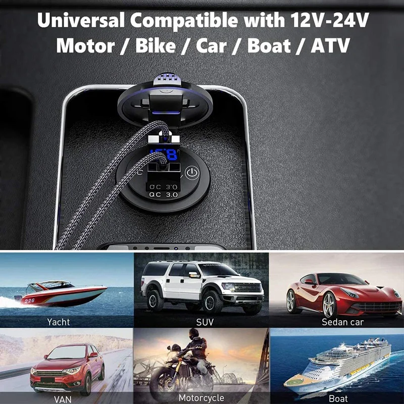 

Автомобильное зарядное устройство с двумя USB-портами QC3.0, 12 В/24 В, автомобильный адаптер со светодиодсветодиодный цифровым вольтметром и сен...