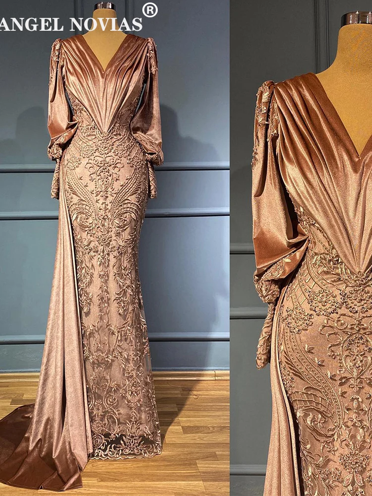 

Long Sleeves Lace Mermaid Evening Dress Velvet V Neck Long Prom Party Dress Robes De Soiree
