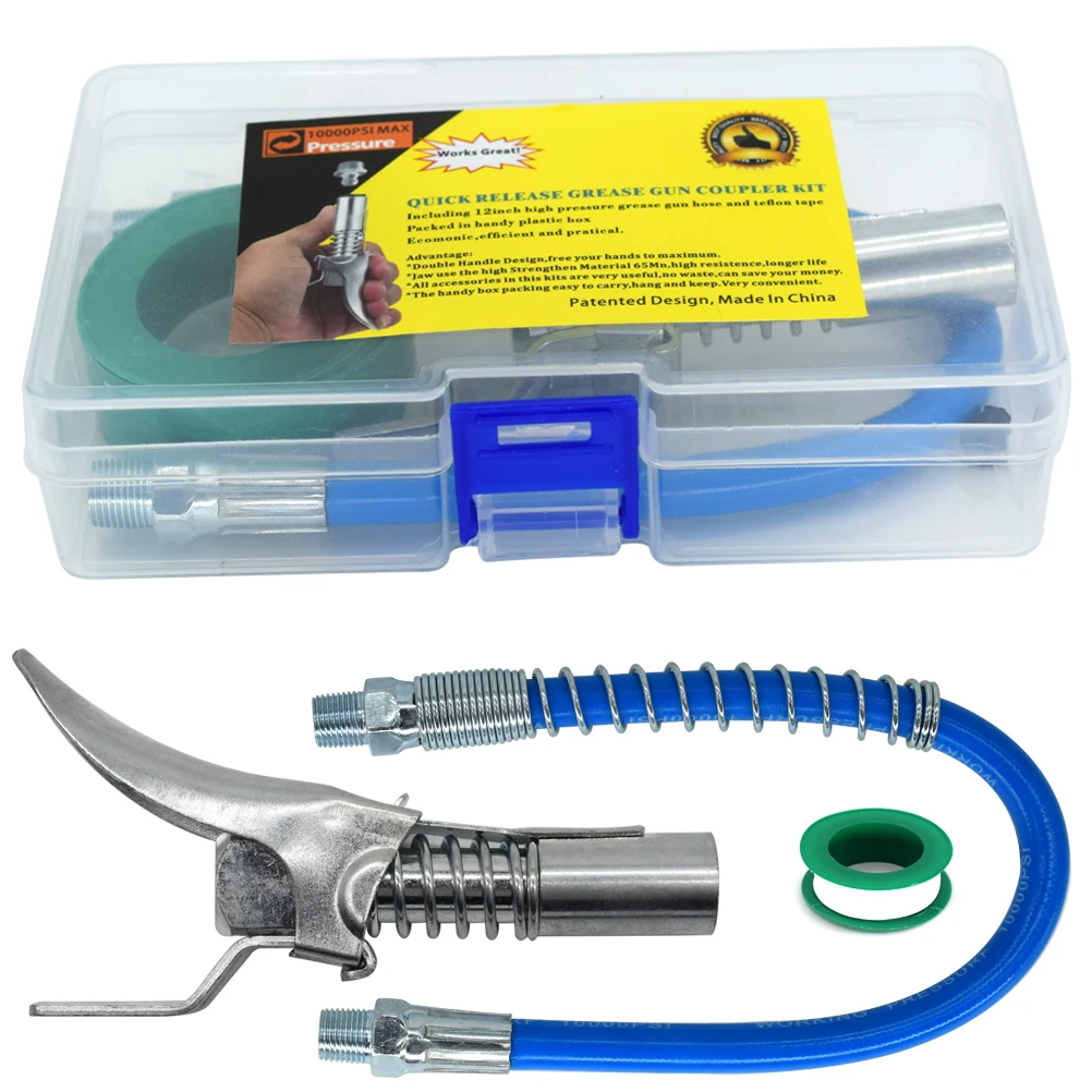 

Quick Release Lock On Grease Gun Coupler Fitting Kit Hose Tape High Pressure 10000PSI 1/8” NPT Coupling For Car Workshop Farm