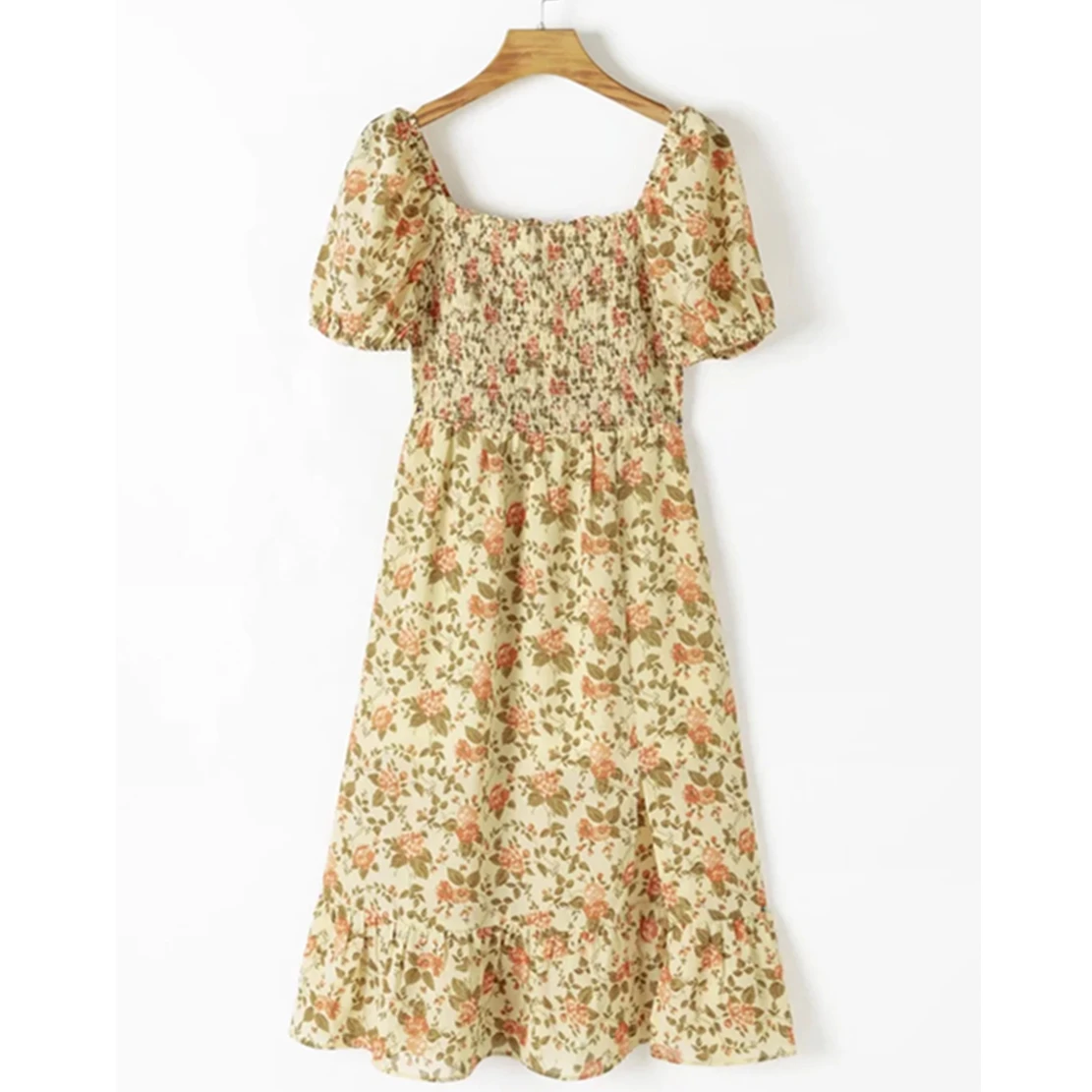 

Withered French Style Fashion Elegant Floral Print Square Collar Sexy Midi Dress Vintage Forking Long Dress Women