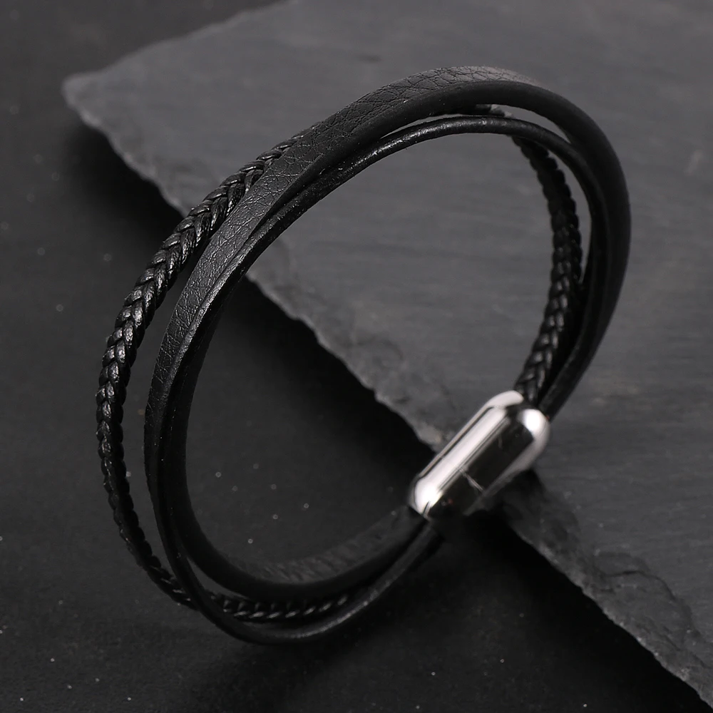 

Gothic Rock Black Triple Wrap Leather Bracelet For Men Magnetic Clasp Cuff Bangles Retro Wristband Jewelry Pulseras Y Brazaletes