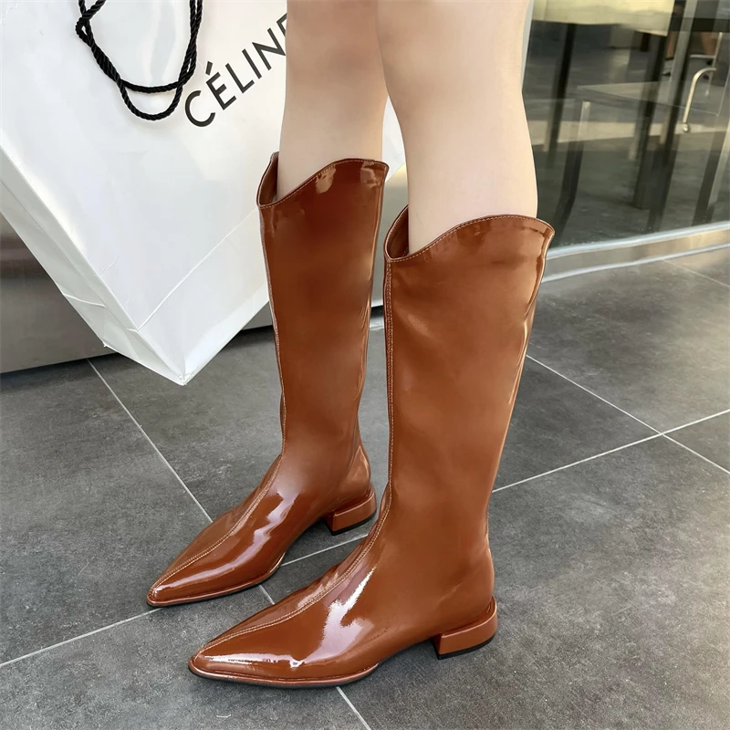 

Pointed Toe Women Knee High Boots 2022 New Arrivals Patent Leather Brown Black Back Zipper Winter Chelsea Botas Size 35-39