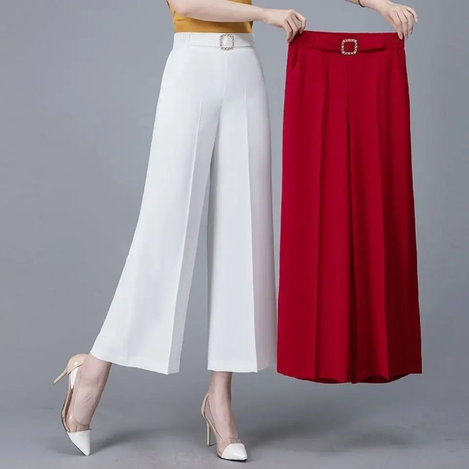 Office Lady Fashion Spring Summer Wide Leg Pants Korean Women New Elastic High Waist Casual Loose Ankle-length Straight Trousers