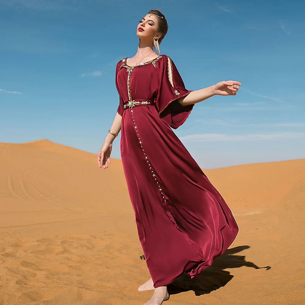 Caftan Marocain Abayas for Women Dubai Evening Hand-Stitched Satin Abaya Dress with Diamonds Ramadan 2022 Off Shouder Dresses