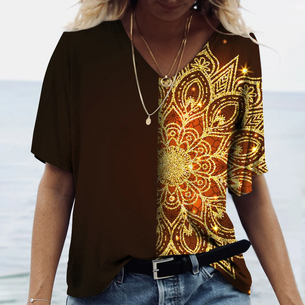 

Gradient Women's T-shirt Oversized V-neck Fashion Tshirt Female Vintage New Women's Clothing Street Harajuku Short-sleeved Tops