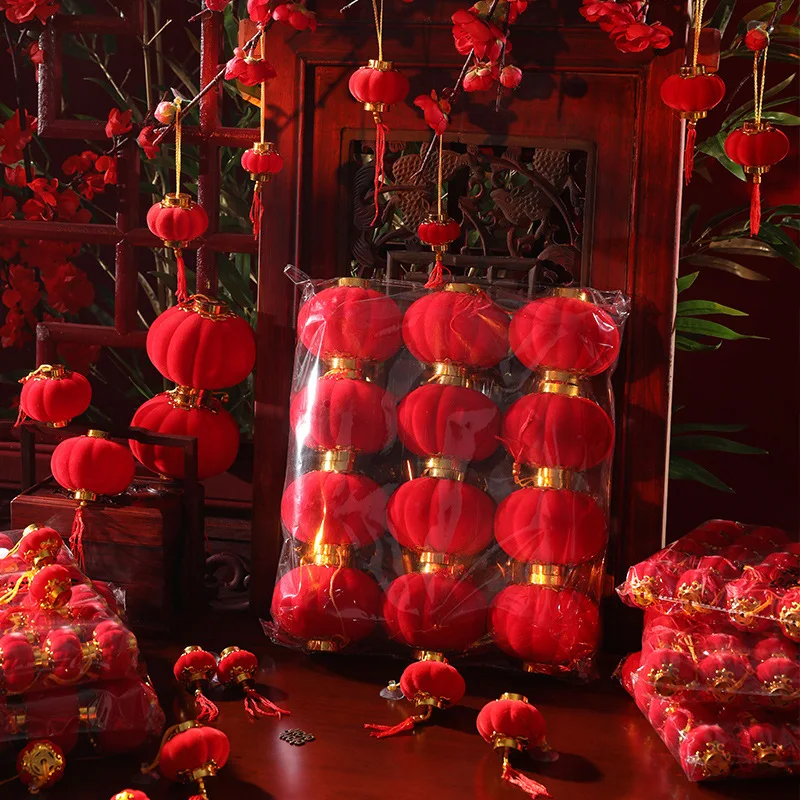 

30Pcs Mini Flocking Red Lanterns Chinese New Year Lantern for Festival/ Wedding/ Party Decor Scene Layout Supplies
