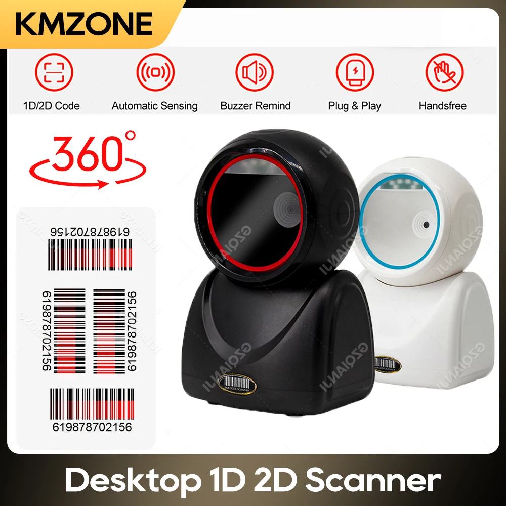 

2D QR Desktop Barcode Scanner 360° Automatic Sensing Scanning Omnidirectional Hands-Free Barcode Reader QR Screen Scanner
