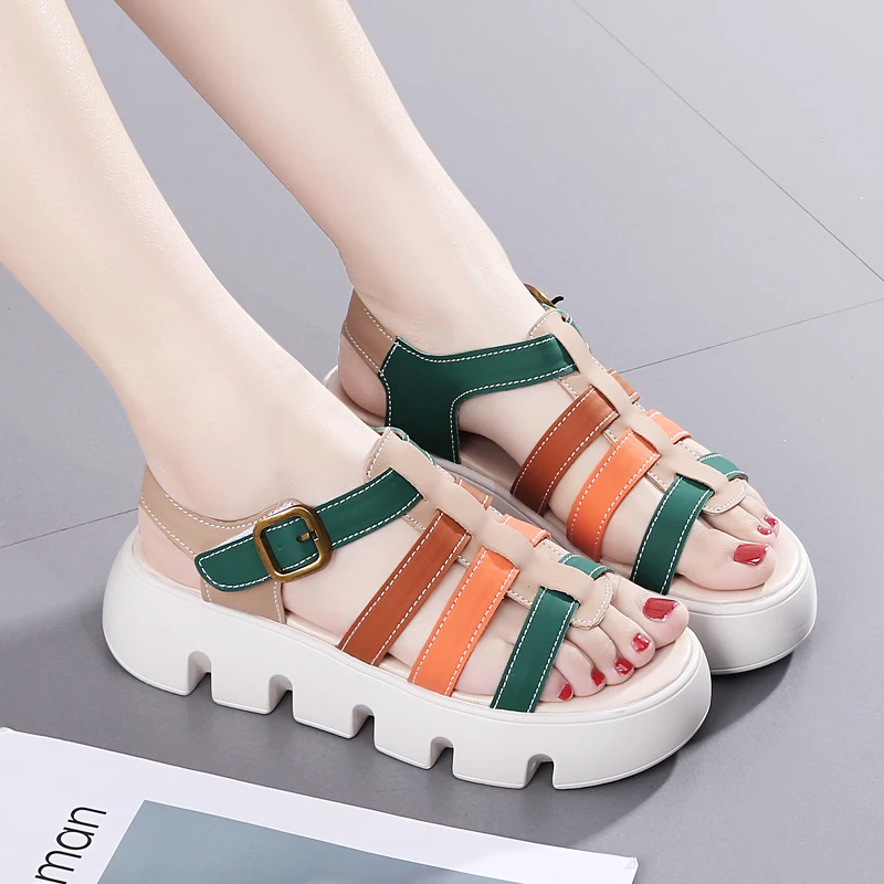 Women's Sandals Leather Fabric Thick Sole Sandals Women's Beach Shoes Summer Shoes 2023 New Casual Sandals Summer Shoes