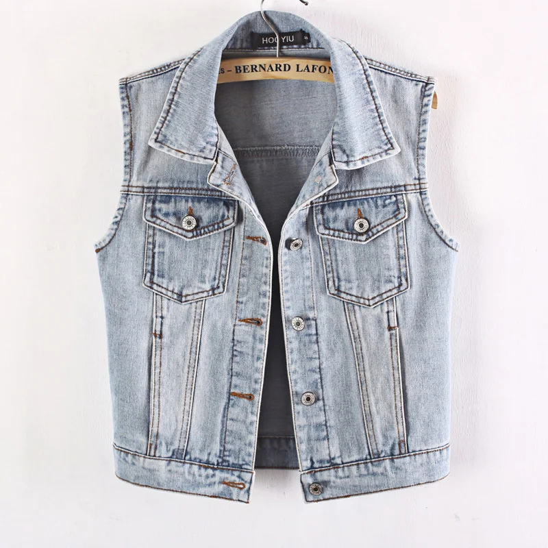 

Summer Vintage Grey-white Denim Vest Female Short Slim Korean Lapel Single-breasted Sleeveless Women Solid Color Jeans Waistcoat