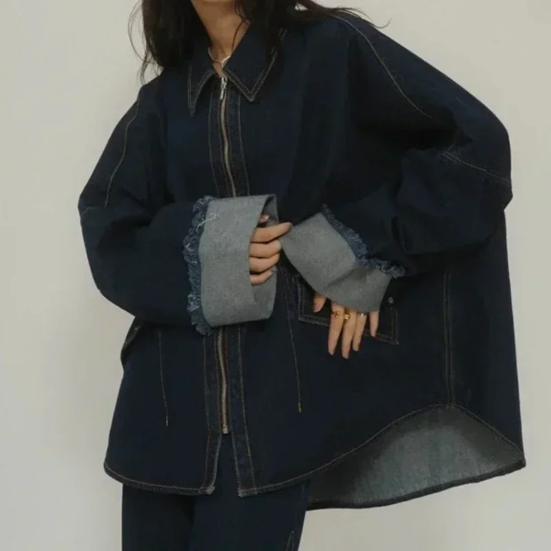 Японская джинсовая женская верхняя одежда 2025 года с лацканами и длинными