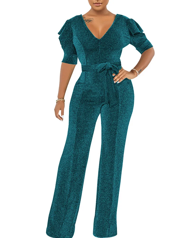 

Sexy Open Back Ruffles Short Sleeve Glitter Party Jumpsuit Women Lace Up Stretchy Overalls