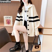2022 new women striped sweater cardigan turn down collar loose knit female jacket spring autumn knitwear tops white topcoat