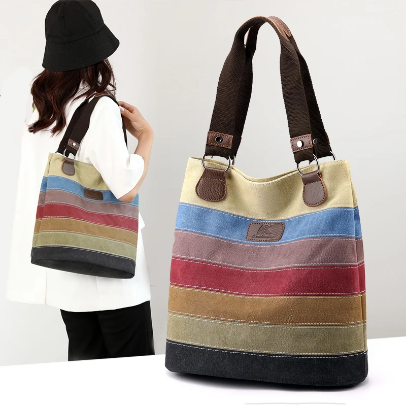 

High Quality Women Shoulder Bag Female patchwork Top-Handle Bags Vintage Striped Canvas Bag Ladies Tote Bag Handbags