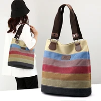 high quality women shoulder bag female patchwork top handle bags vintage striped canvas bag ladies tote bag handbags