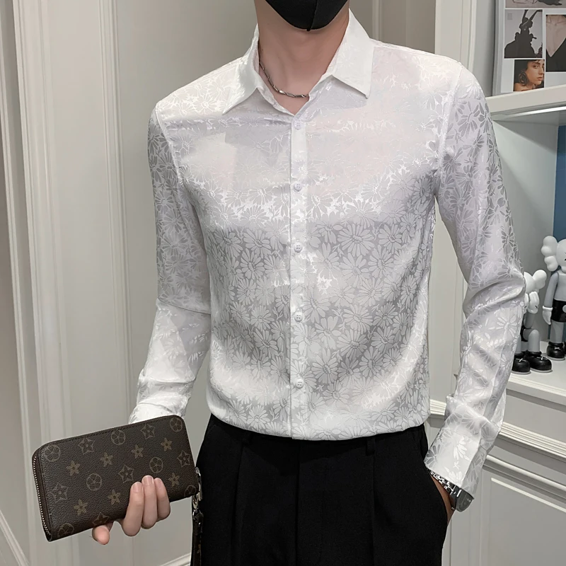 2022 Imitation Silk Men Shirts Autumn Long Sleeve Slim Casual Shirt Business Formal Dress Shirt Social Party Blouse Men Clothing