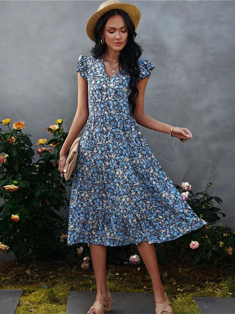 

Женское винтажное платье макси с цветочным принтом, длинный Повседневный богемный пляжный сарафан в стиле бохо, на лето