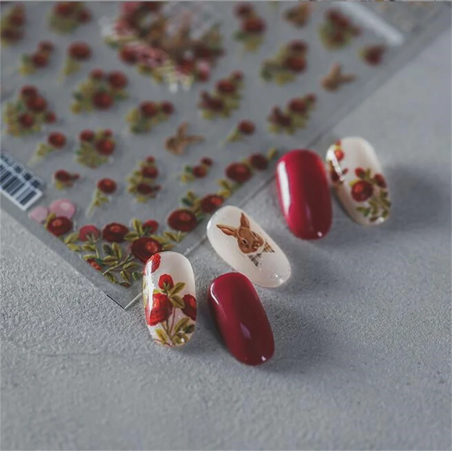 

Romantic Rose Flower Garden & Rabbit Pattern Nail Sticker 5D Nail Art Embossed Sliders Manicure Art Gel Polish Decals