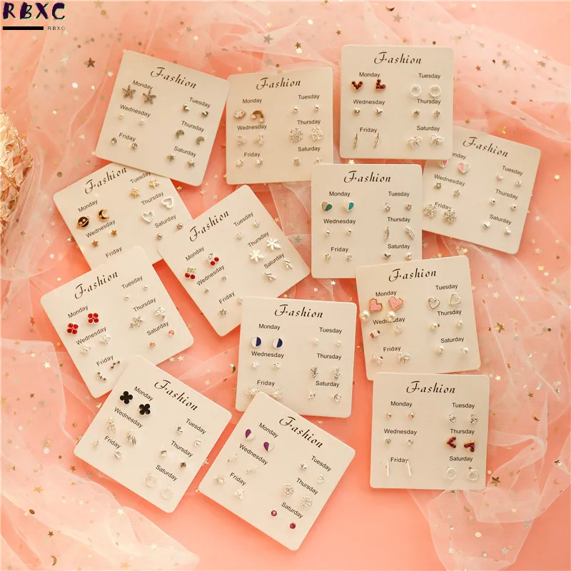 

RBXC New Women Heart Star Earrings Set Fashion Girl Small Jewelry Square Leaf Pearl 6-pairs Stud Earring Sets Lady Jewelry Gift