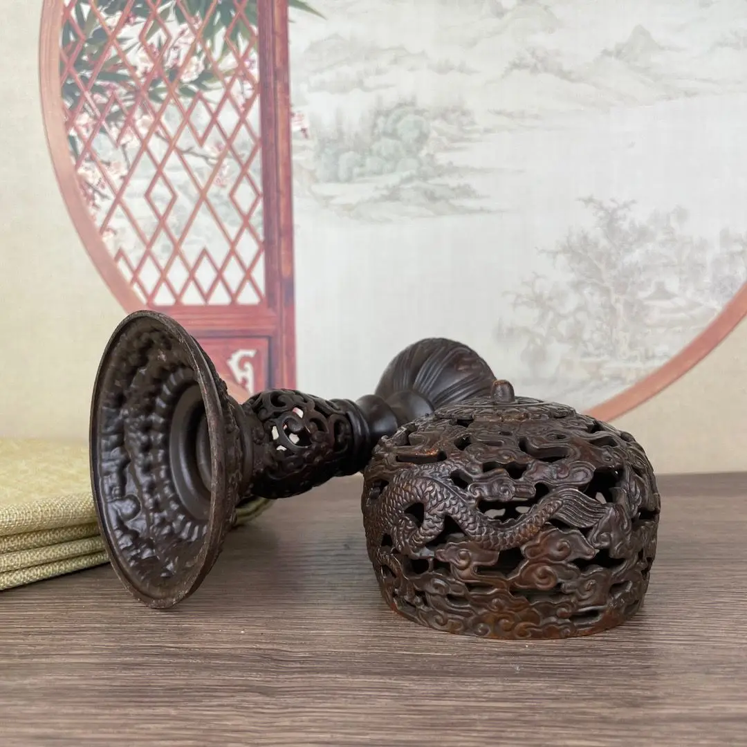 Античная Медная полая курильница Sugong двойной дракон медная с высокой ногой