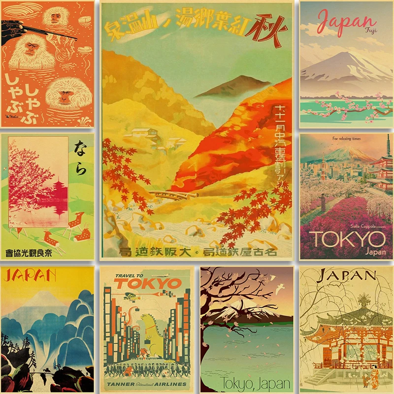 

Japan Travel City Vintage Canvas Painting Poster Mount Fuji Tokyo Osaka Onsen Nagoya Cherry Blossom Kimono Living Room Wall Deco