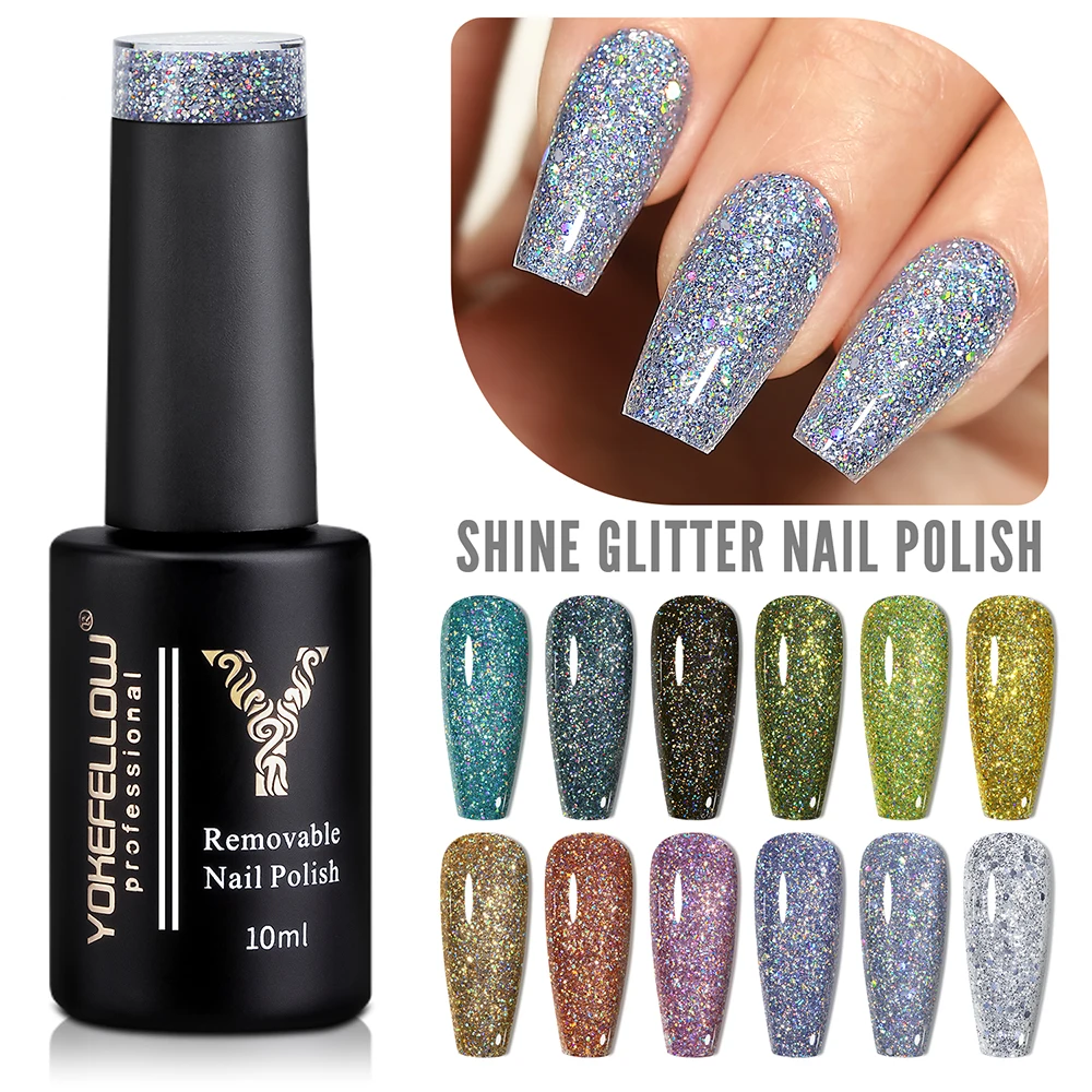 YOKEFELLOW 10ml Gray Blue Reflective Gel Nail Polish Base Top Coat Soak Off UV LED Gel Nail Art Varnish Manicure Nail Gel Bottle