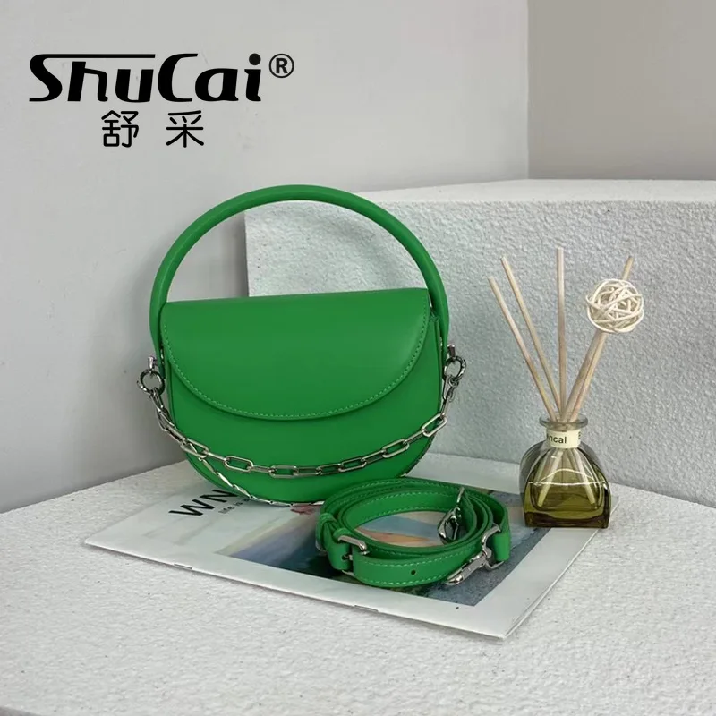 

2022 new half round saddle bag leather fashion candy color chain handbag fresh shoulder messenger bag