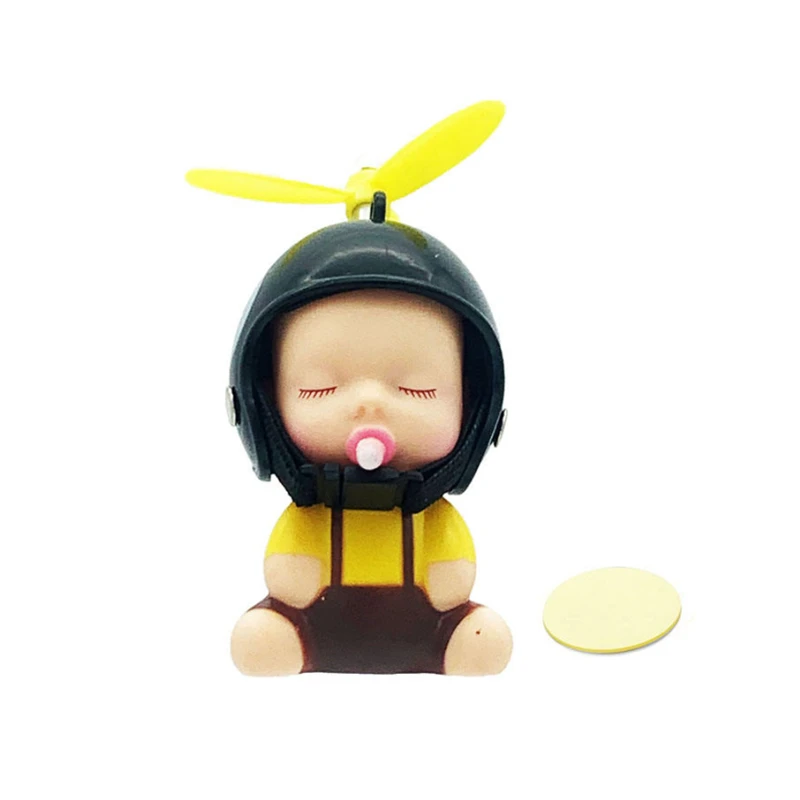 

Cute Car Pacifier Baby Doll Kids with Yellow leaf propeller helmet , Safe Helmet for Car Dashboard Fun Decor