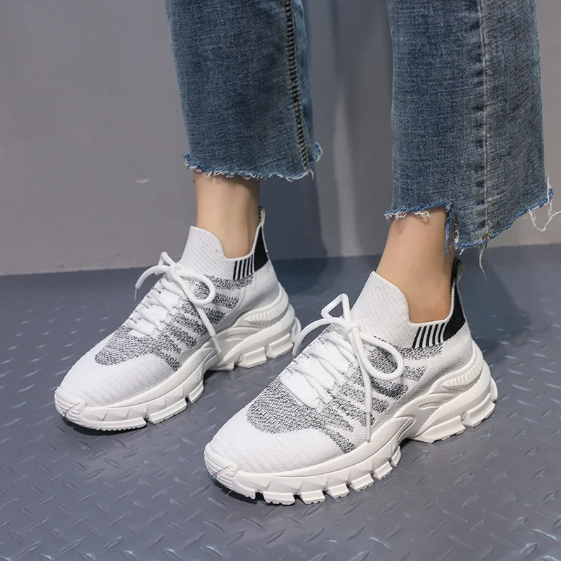 

Knitted Platform Sneakers Women Sock Shoes Casual Vulcanized Shoes Light Stretch Fabric Sneakers Women Walking Chunky Trainers