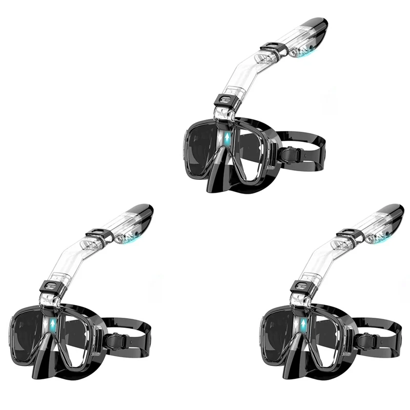 3X Snorkel Mask Foldable Diving Mask Set With Dry Top System And Camera Mount, Anti-Fog Snorkeling Gear-Black