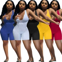 ladies jumpsuit summer new solid color knitted pit pattern simple vest sports tights jumpsuit shorts womens nightclub