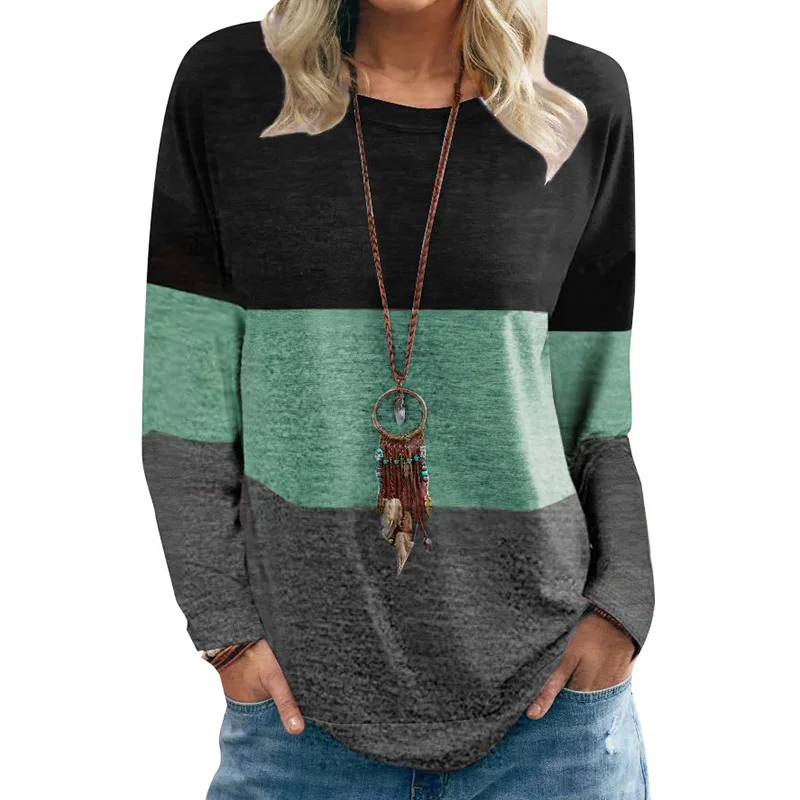 

Spring New Womens Fashion Casual Color Matching Round Neck Clothes Vintage Oversize Loose Harajuku Shirts Female Pullover TShirt