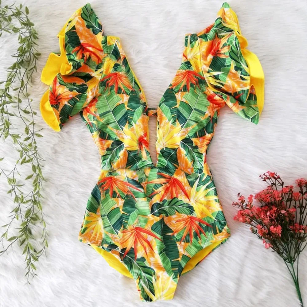 

Double Shoulder Ruffled Deep V Printed Backless Sexy One Piece Swimsuit 2022 New Foreign Trade Triangle Integrated
